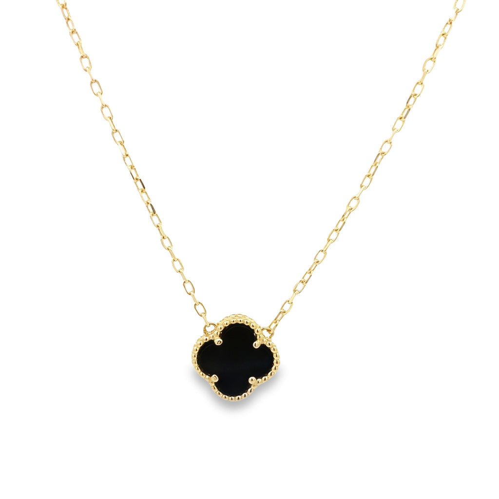 14K Yellow Gold Onyx Flower Necklace 18In