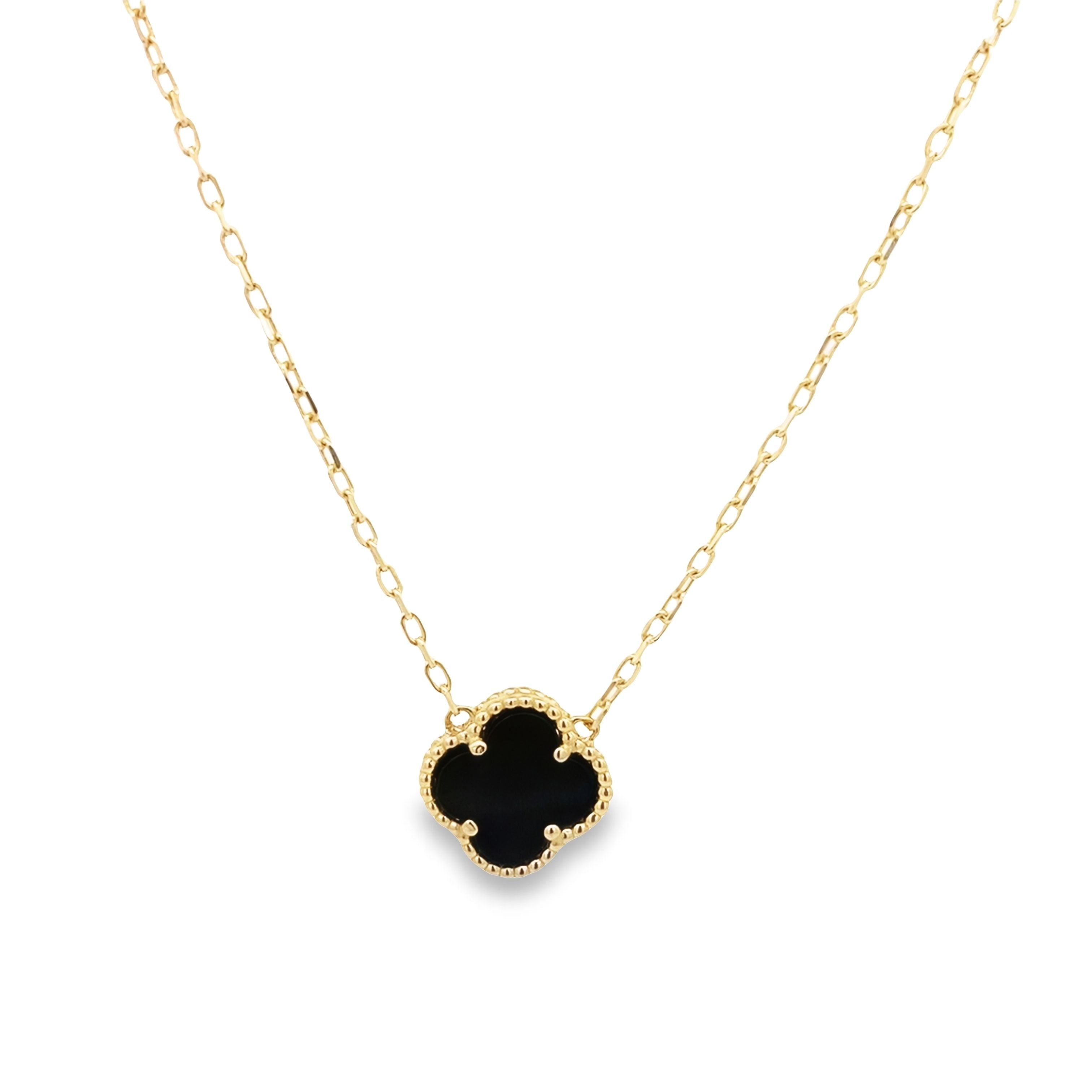 14K Yellow Gold Onyx Flower Necklace 18In