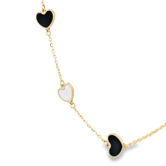 14K Yellow Gold Mother Of Pearl & Onyx Heart Station Necklace 17In 1.6Dwt