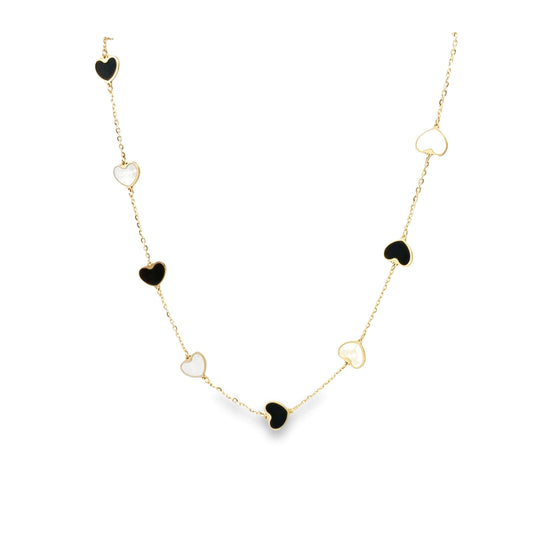 14K Yellow Gold Mother Of Pearl & Onyx Heart Station Necklace 17In 1.6Dwt