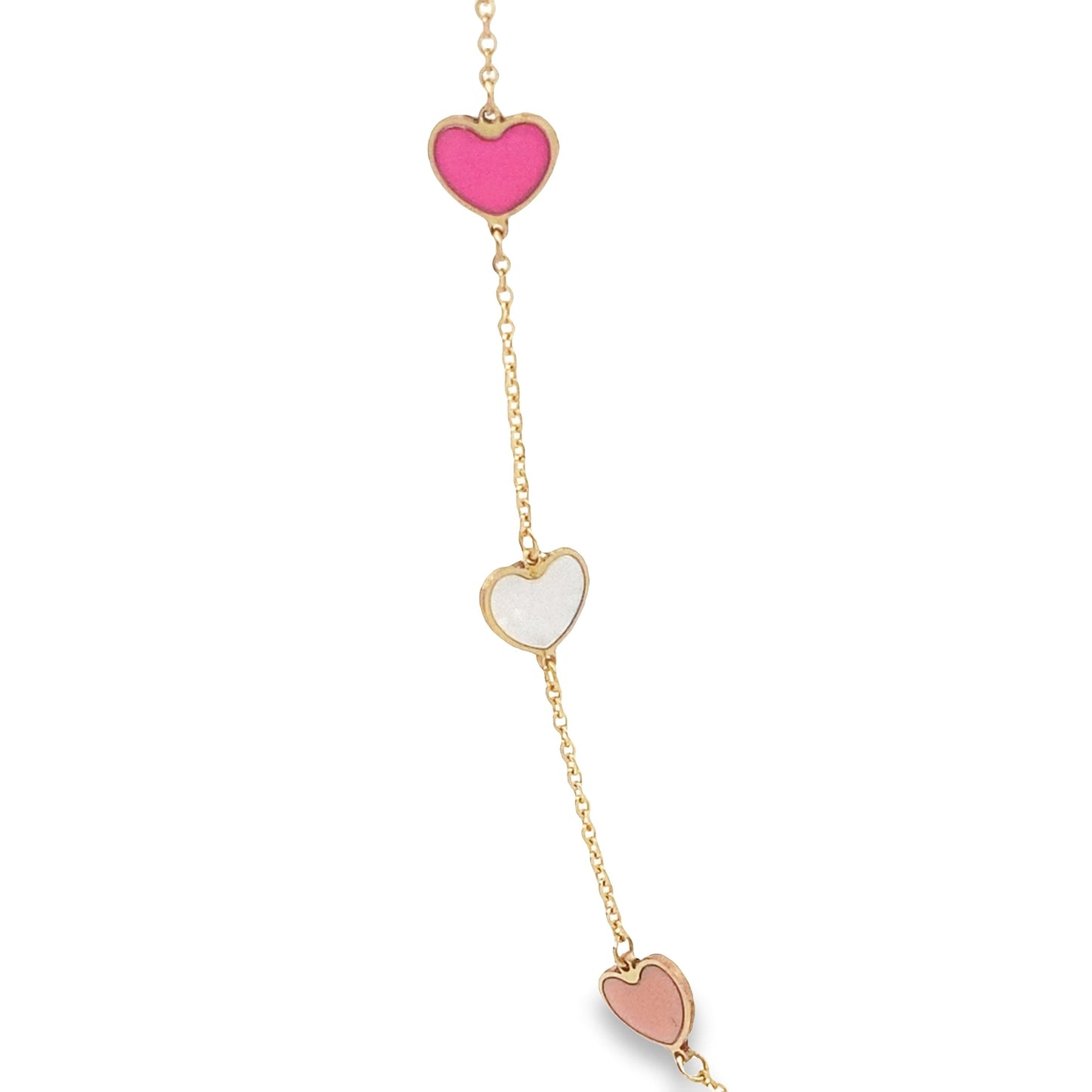 14K Yellow Gold Mother Of Pearl & Pink Enamel Heart Station Necklace 17In 1.7Dwt