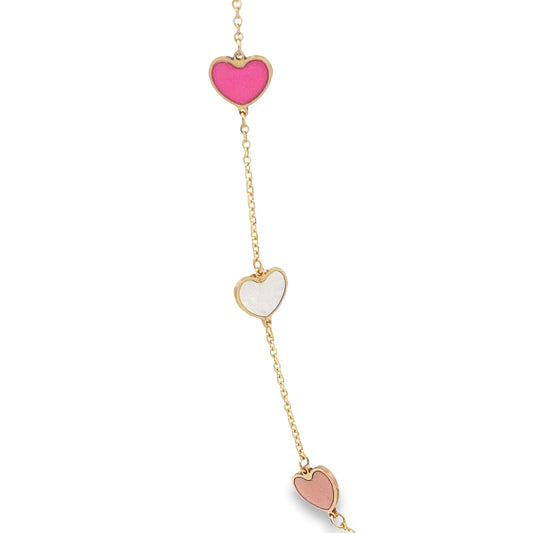 14K Yellow Gold Mother Of Pearl & Pink Enamel Heart Station Necklace 17In 1.7Dwt