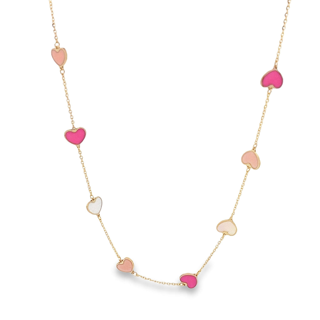 14K Yellow Gold Mother Of Pearl & Pink Enamel Heart Station Necklace 17In 1.7Dwt