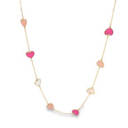 14K Yellow Gold Mother Of Pearl & Pink Enamel Heart Station Necklace 17In 1.7Dwt