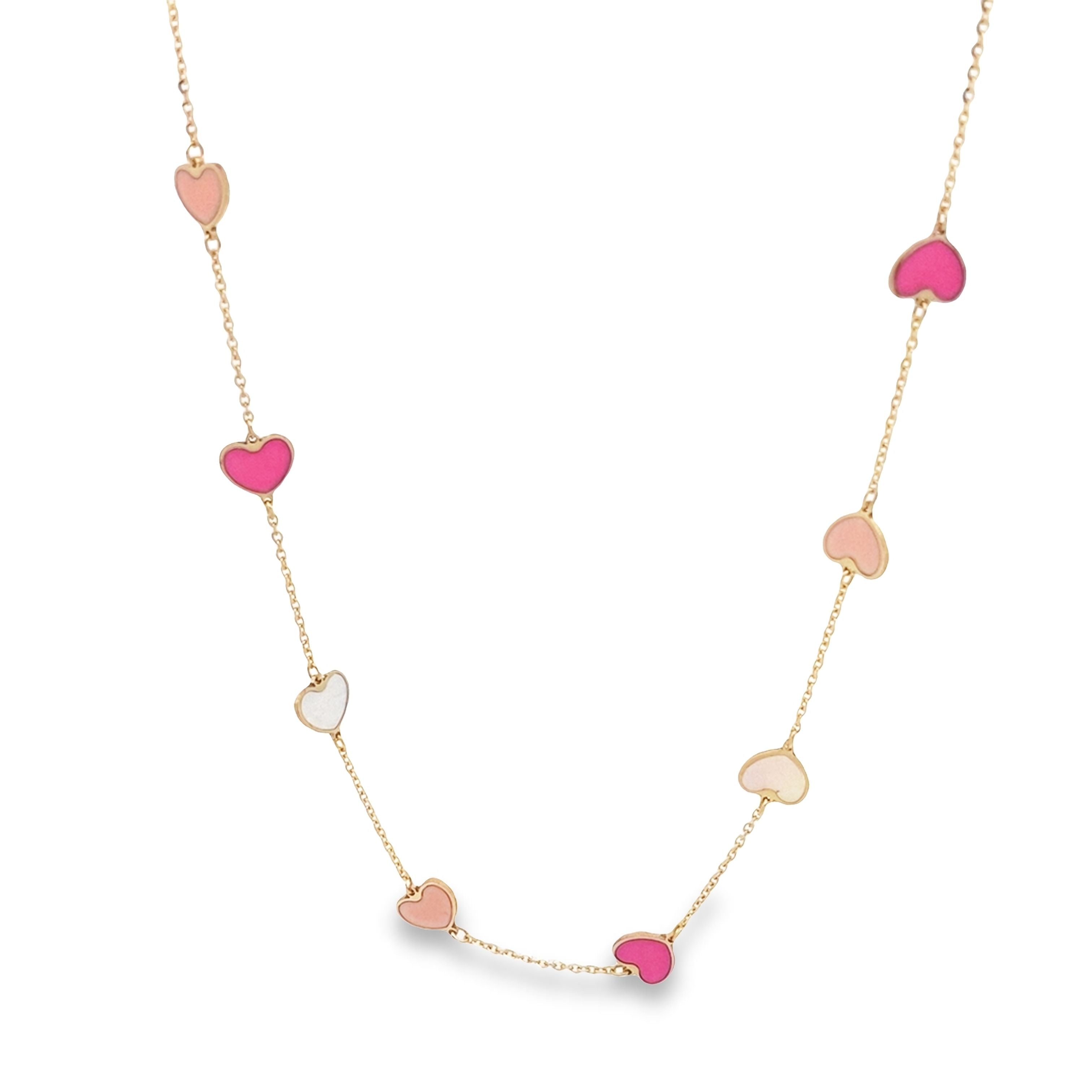 14K Yellow Gold Mother Of Pearl & Pink Enamel Heart Station Necklace 17In 1.7Dwt