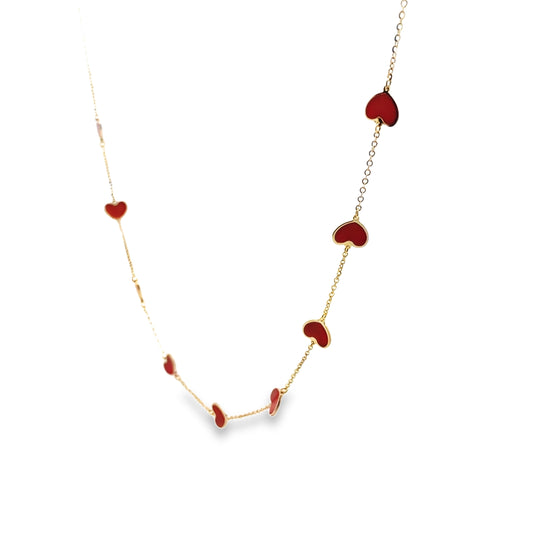 14K Yellow Gold Red Enamel Hearts Cable Link Necklace 18In 1.6Dwt