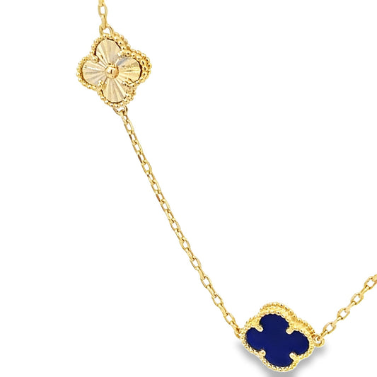 14K Yellow Gold Royal Blue & Gold Flowers Necklace 18In 4.9Dwt