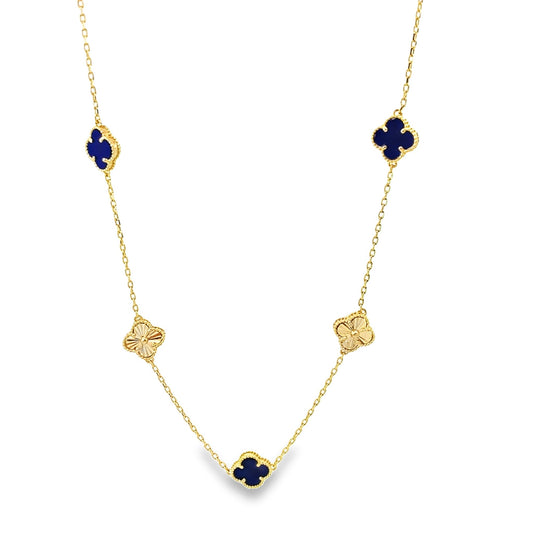 14K Yellow Gold Royal Blue & Gold Flowers Necklace 18In 4.9Dwt