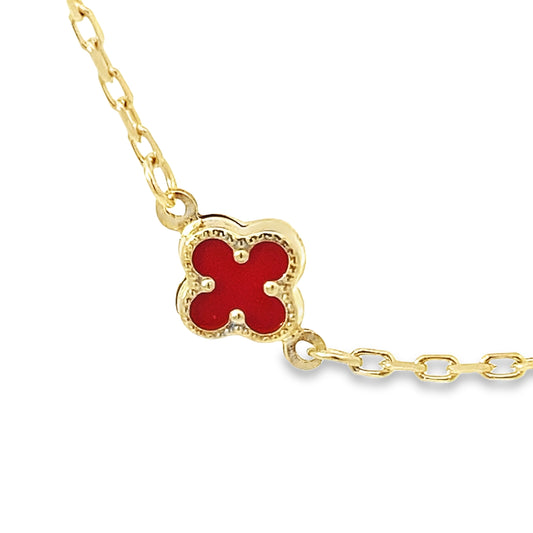 10K Yellow Gold Red Stones Flowers Necklace 20In 2.9Dwt