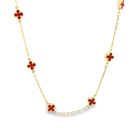10K Yellow Gold Red Stones Flowers Necklace 20In 2.9Dwt