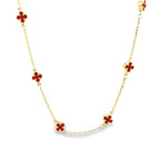 10K Yellow Gold Red Stones Flowers Necklace 20In 2.9Dwt