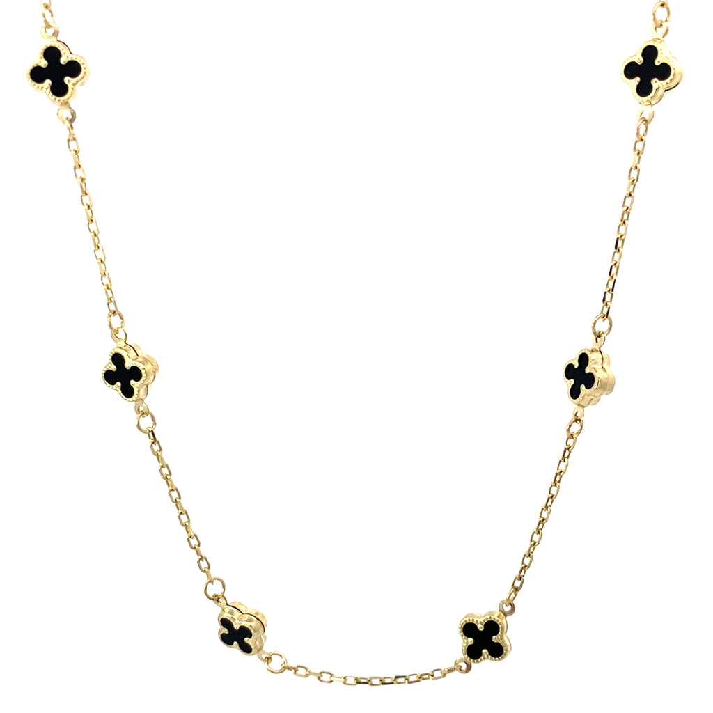 10K Yellow Gold Small Onyx Flowers Necklace 20In 3.2Dwt