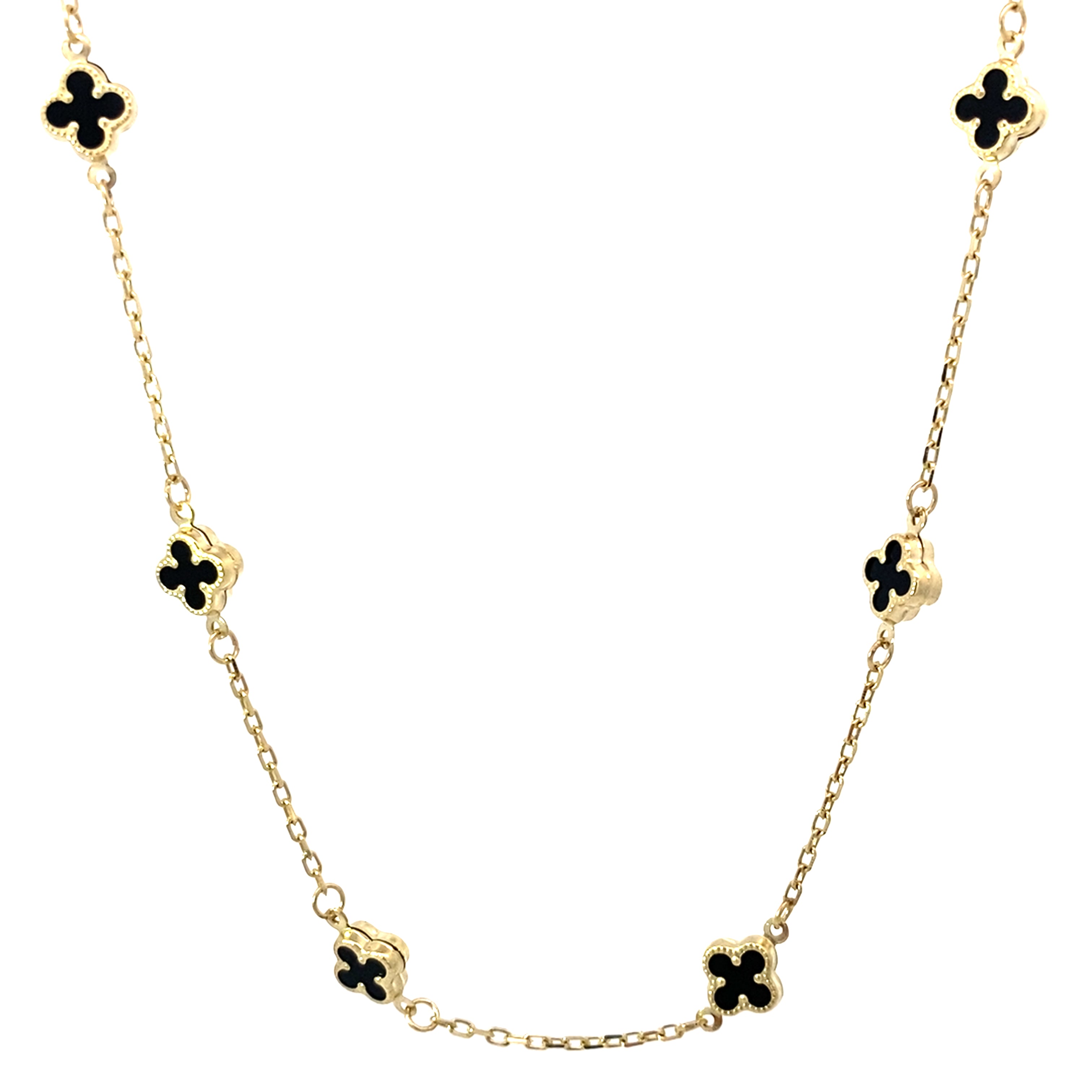 10K Yellow Gold Small Onyx Flowers Necklace 20In 3.2Dwt