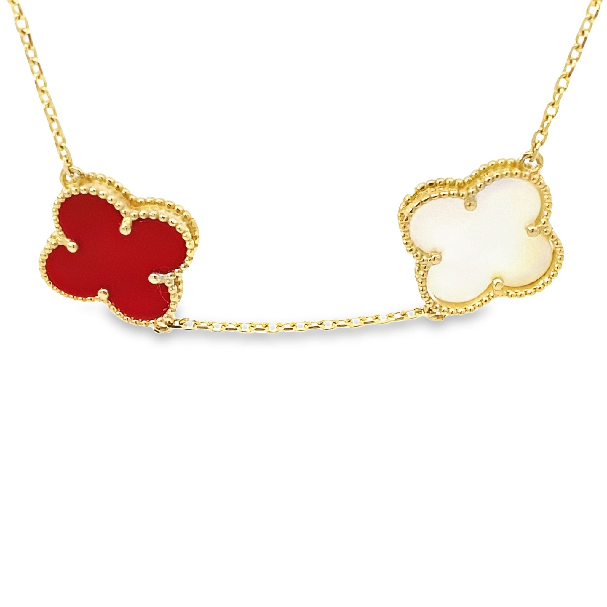 14K Yellow Gold Red & Mother Of Pearl Flowers Necklace 19In