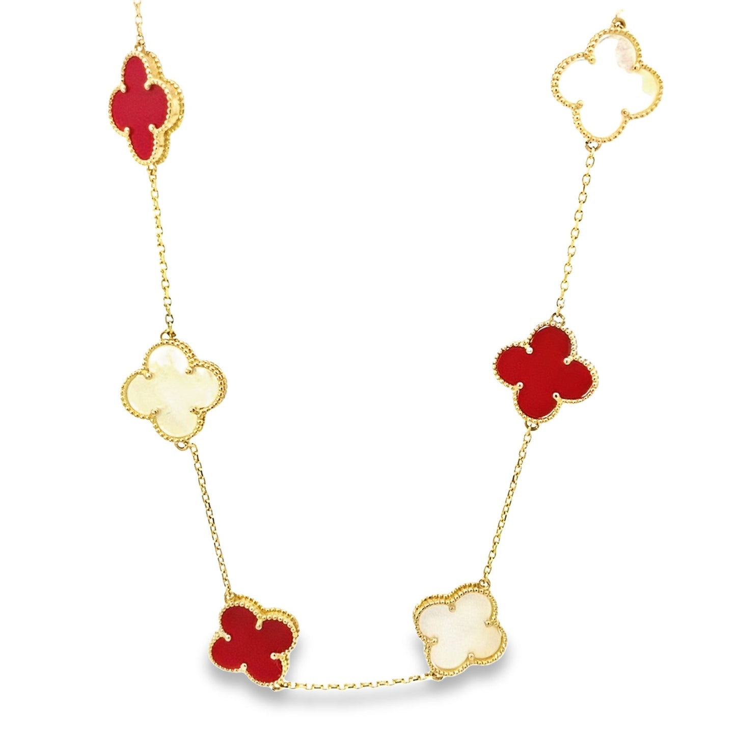 14K Yellow Gold Red & Mother Of Pearl Flowers Necklace 19In