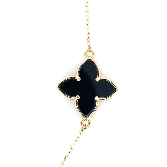 10K Yellow Gold Onyx Flowers Necklace 17In