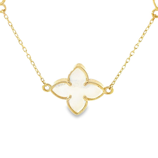 10K Yellow Gold Mother Of Pearl Flowers Necklace 17In