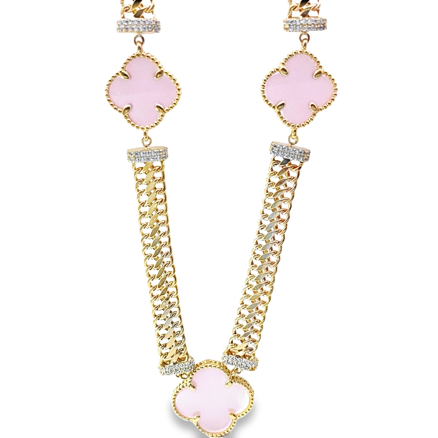 14K Yellow Gold Pink Flowers Necklace 18In 13.5Dwt