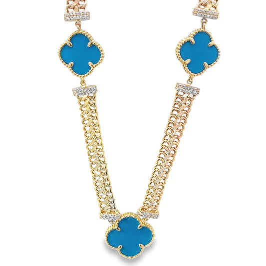14K Yellow Gold Blue Flowers Necklace 18In 13.0Dwt