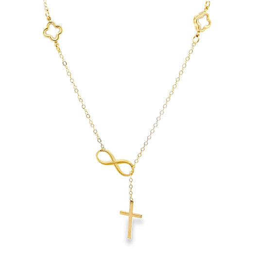 14K Yellow Gold Infinity,Flowers & Cross Lariat Necklace 15In 3.0Dwt