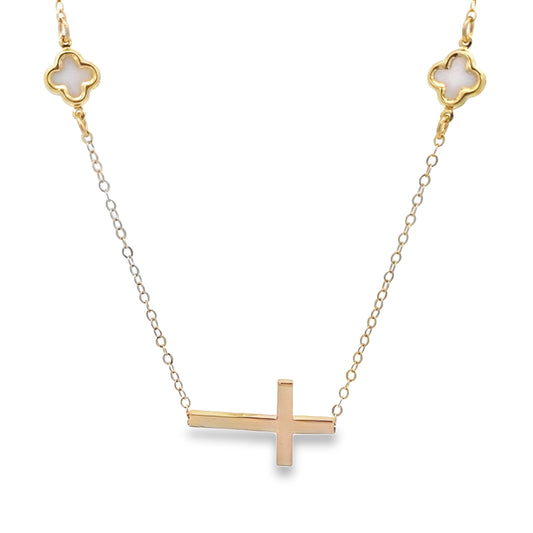 14K Yellow Gold White Flowers & Cross Lariat Necklace 19In 2.9Dwt