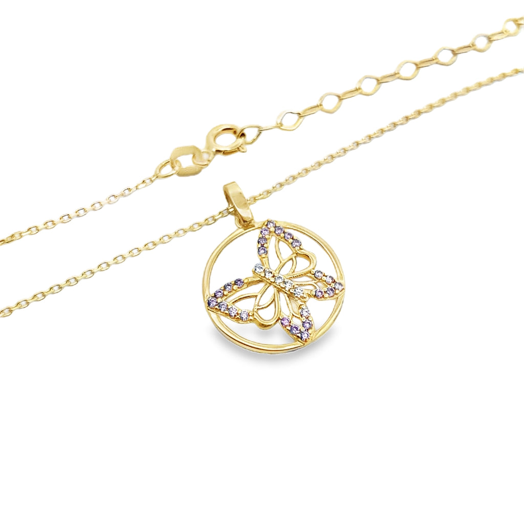 10K Yellow Gold Cz & Purple Stone Butterfly Necklace17In W/Ext 18In 1.7Dwt