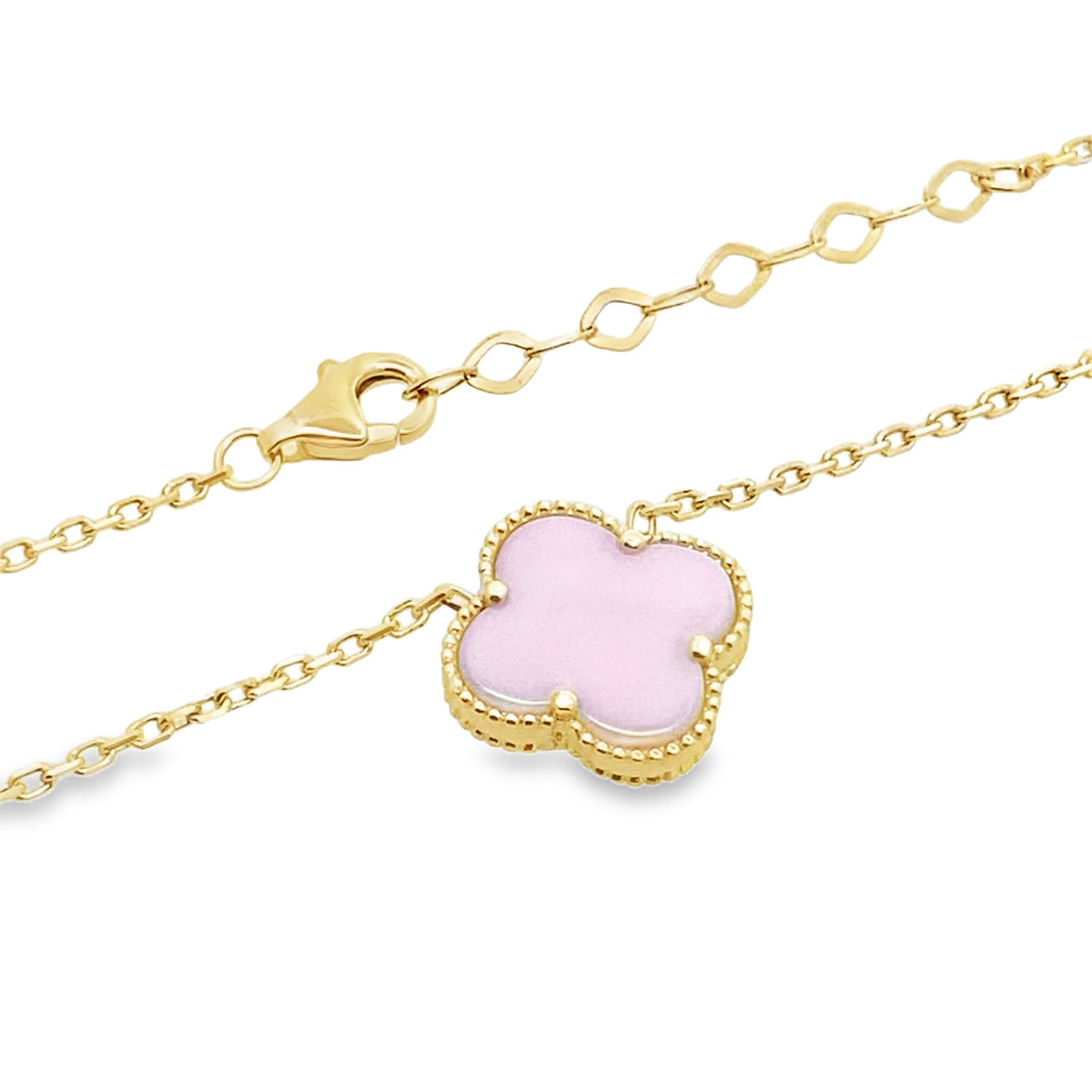 14K Yellow Gold Pink One Flower Necklace 19In 2.7Dwt