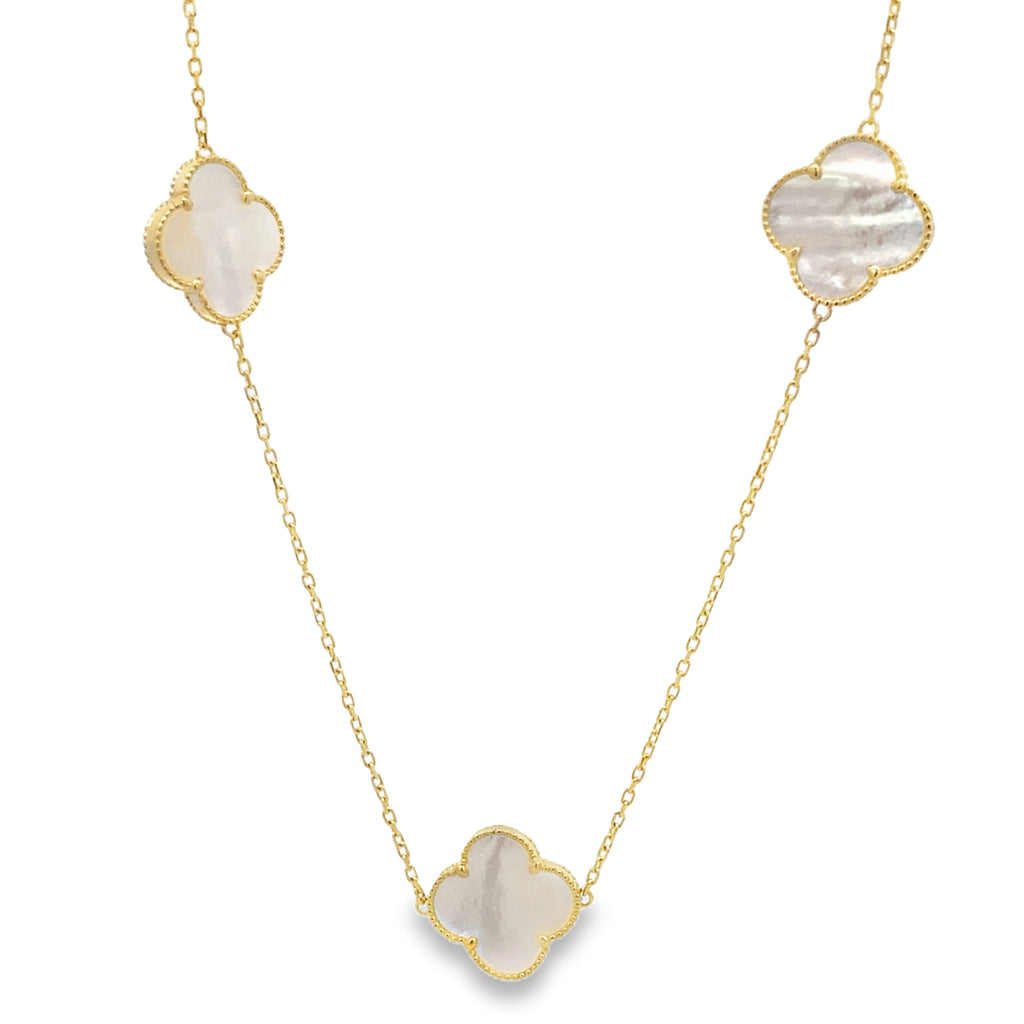 14K Yellow Gold 5 Large Mother Of Pearl Flower Necklace 18In 5.9Dwt