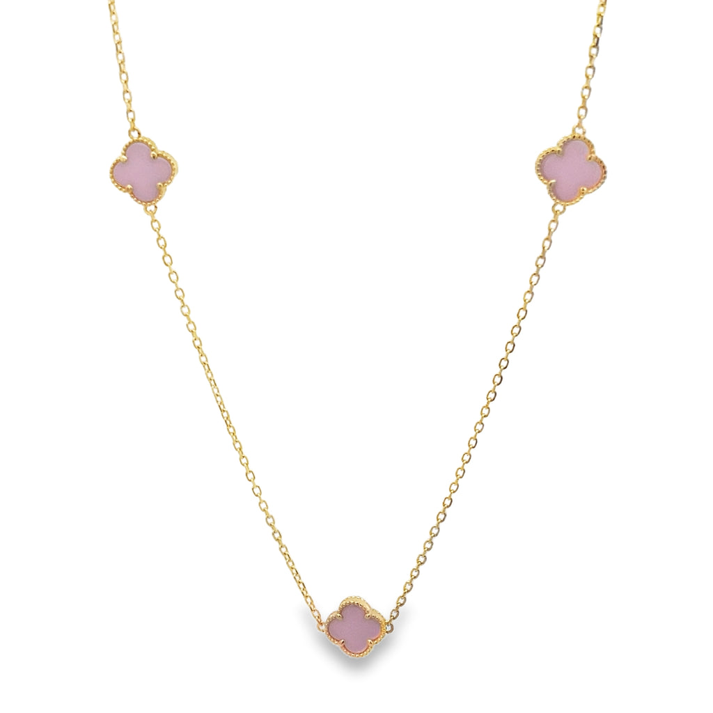 14K Yellow Gold Five Pink Flower Necklace 18In 4.5Dwt