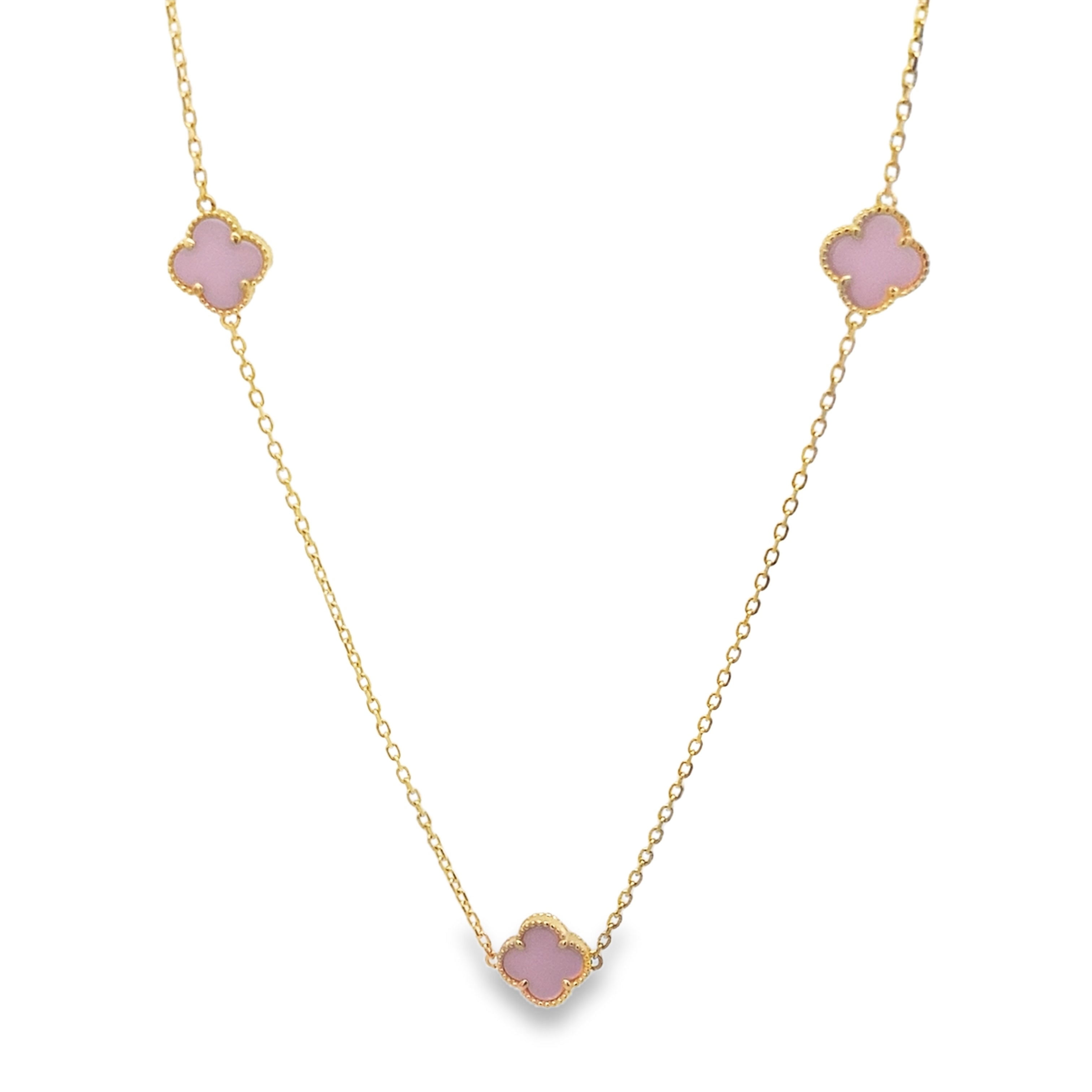 14K Yellow Gold Five Pink Flower Necklace 18In 4.5Dwt