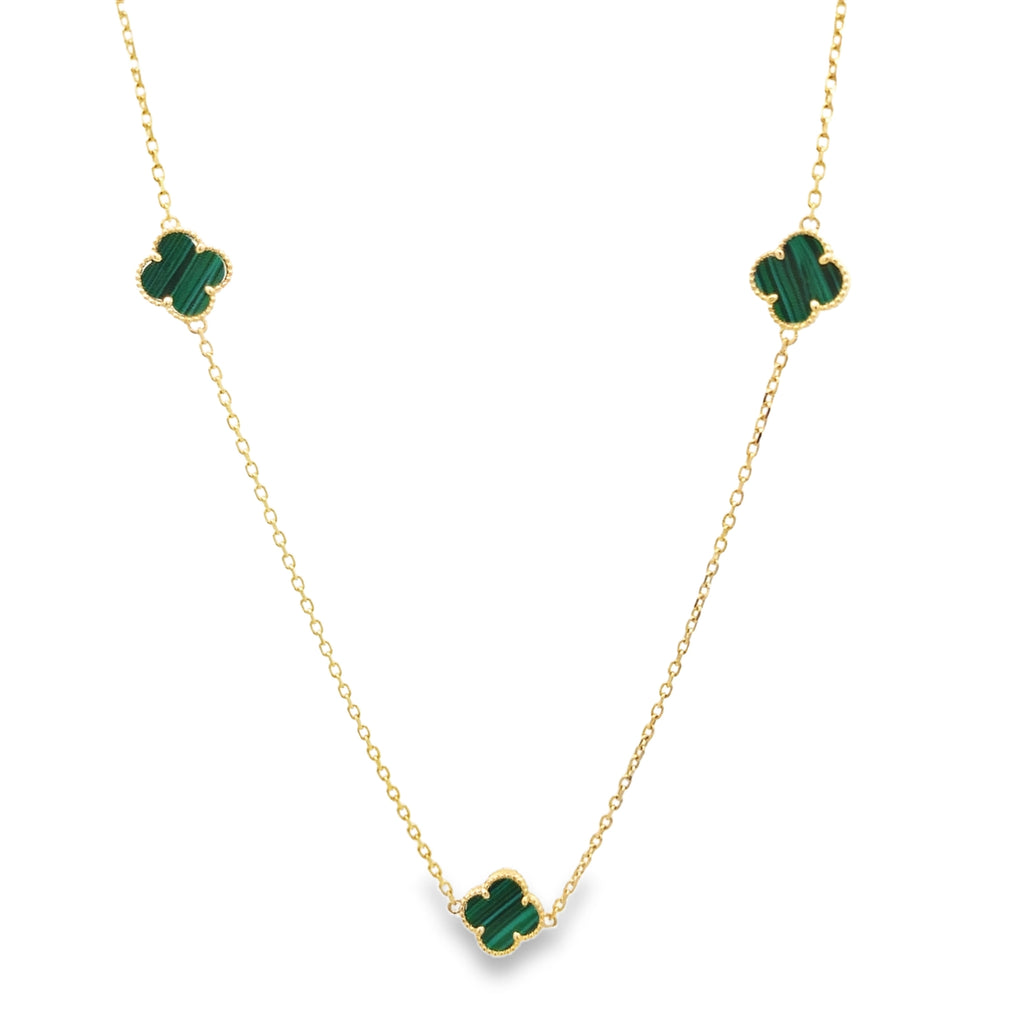 14K Yellow Gold 5 Green flower Necklace 18In 3.4Dwt