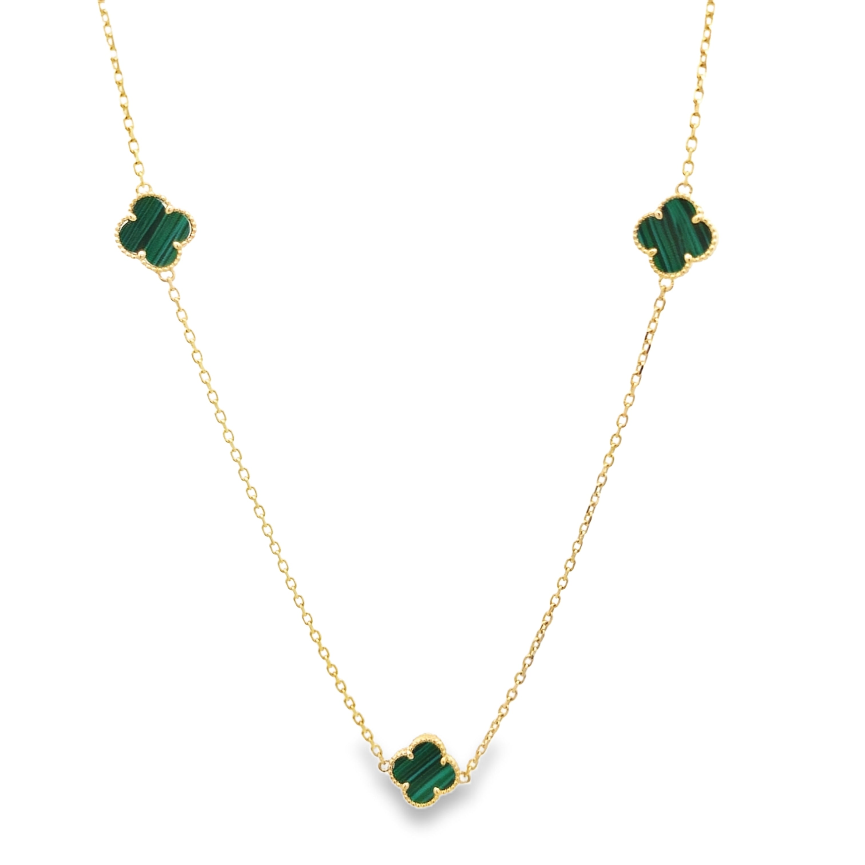 14K Yellow Gold 5 Green flower Necklace 18In 3.4Dwt