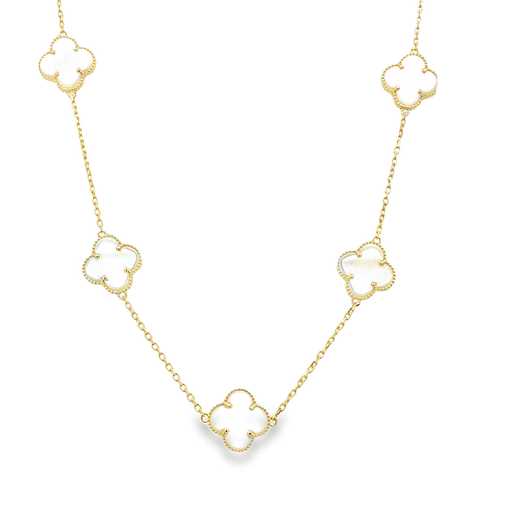 10K Yellow Gold Medium Five White Flowers Necklace 18In 6.0Dwt