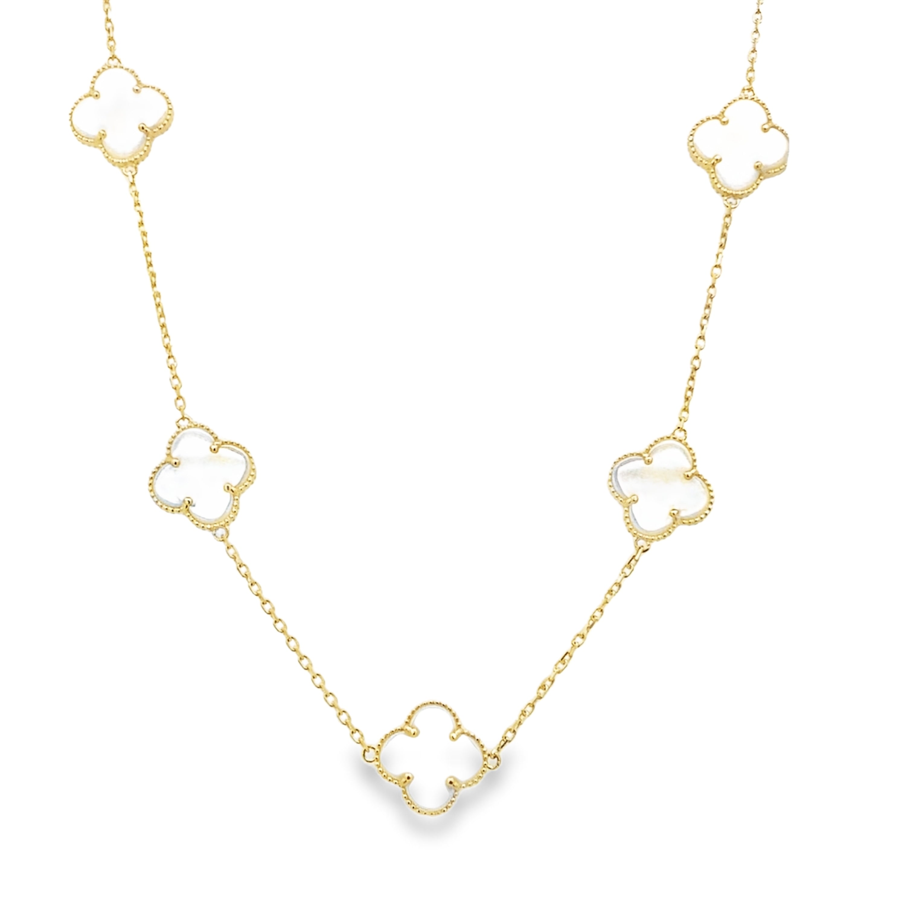 10K Yellow Gold Medium Five White Flowers Necklace 18In 6.0Dwt