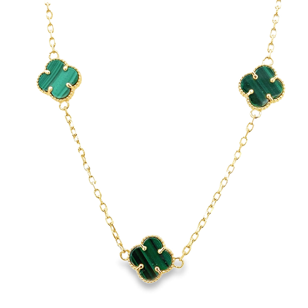 10K Yellow Gold Five Small Green Flowers Necklace 18In 2.9Dwt