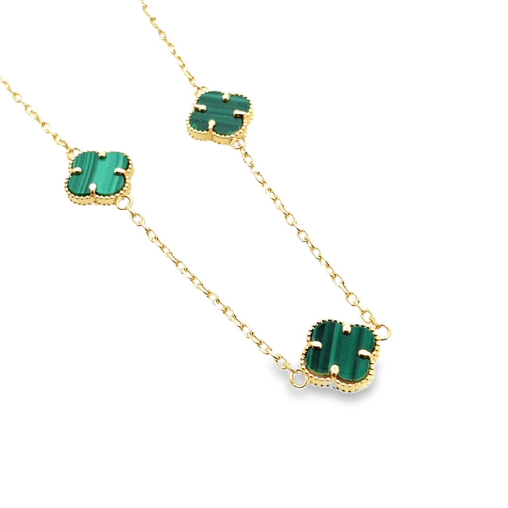 10K Yellow Gold Five Small Green Flowers Necklace 18In 2.9Dwt