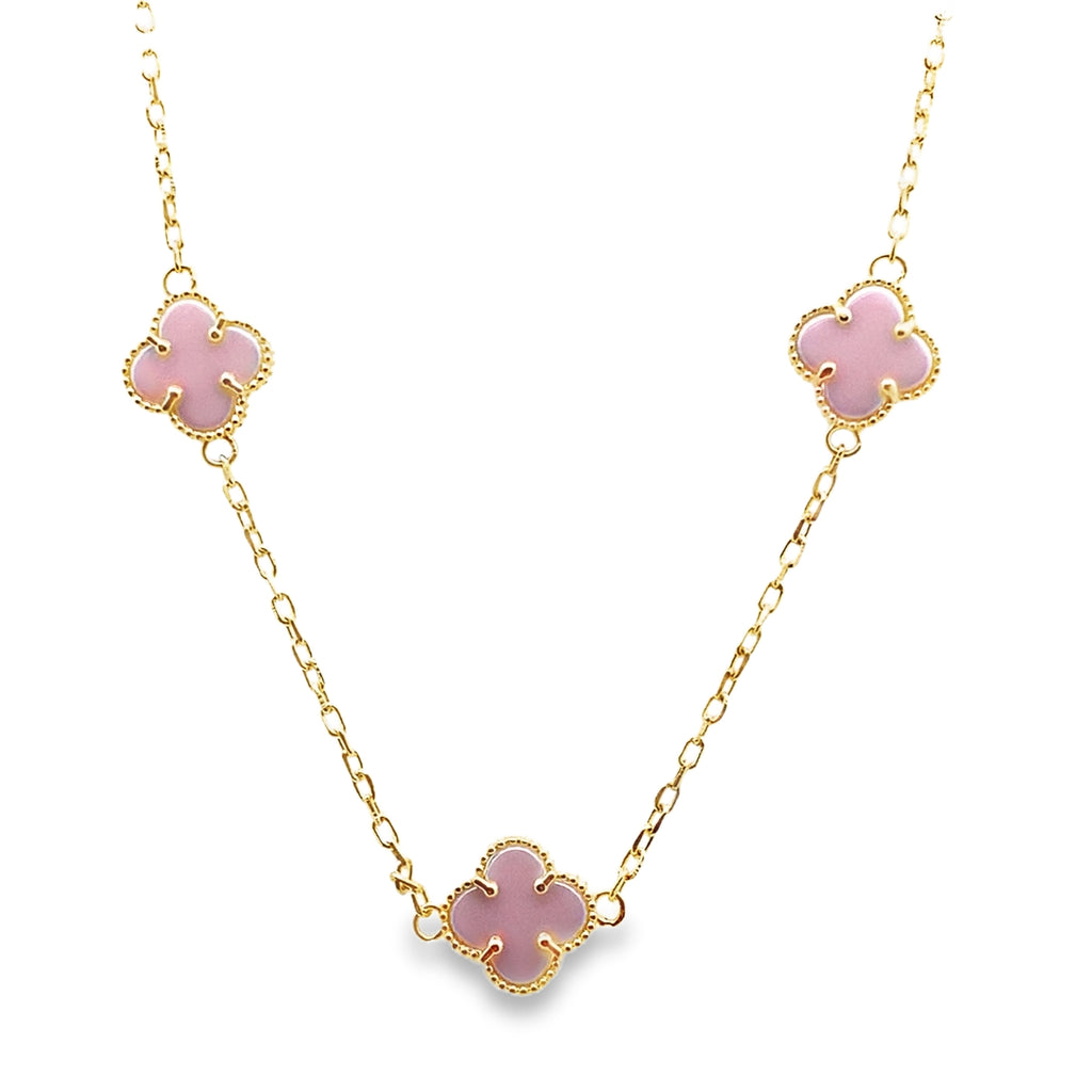 10K Yellow Gold Five Small Pink Flowers Necklace 18In 3.5Dwt