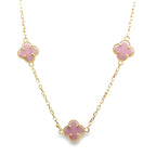 10K Yellow Gold Five Small Pink Flowers Necklace 18In 3.5Dwt
