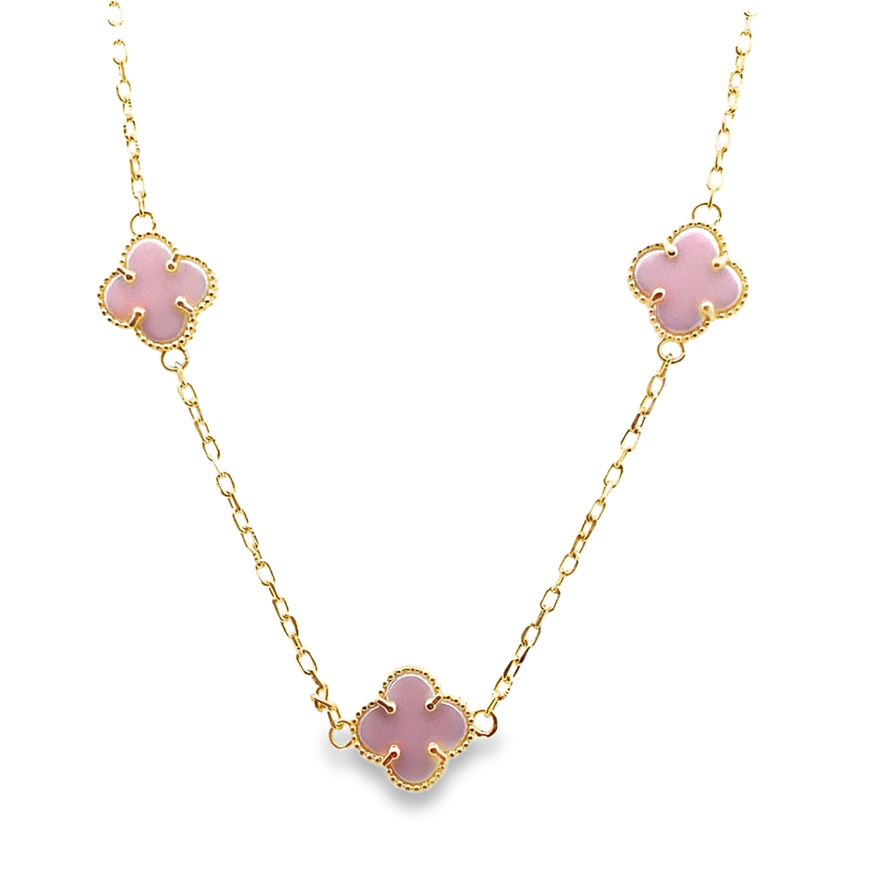 10K Yellow Gold Five Small Pink Flowers Necklace 18In 3.5Dwt