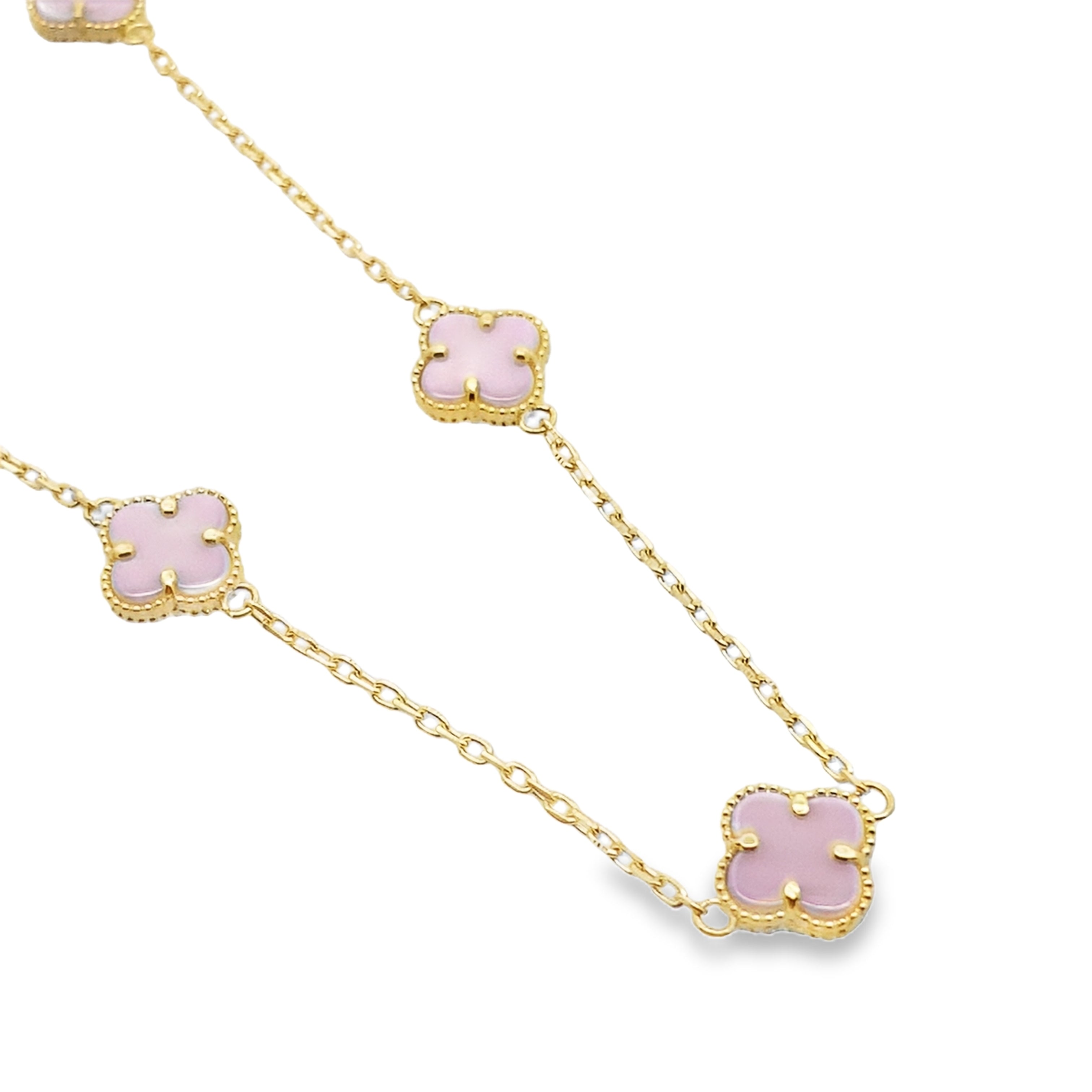 10K Yellow Gold Five Small Pink Flowers Necklace 18In 3.5Dwt