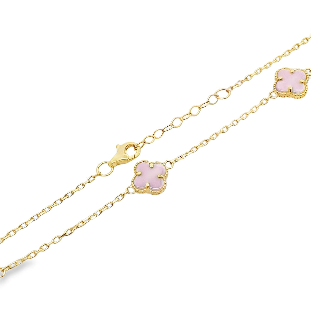 10K Yellow Gold Five Small Pink Flowers Necklace 18In 3.5Dwt