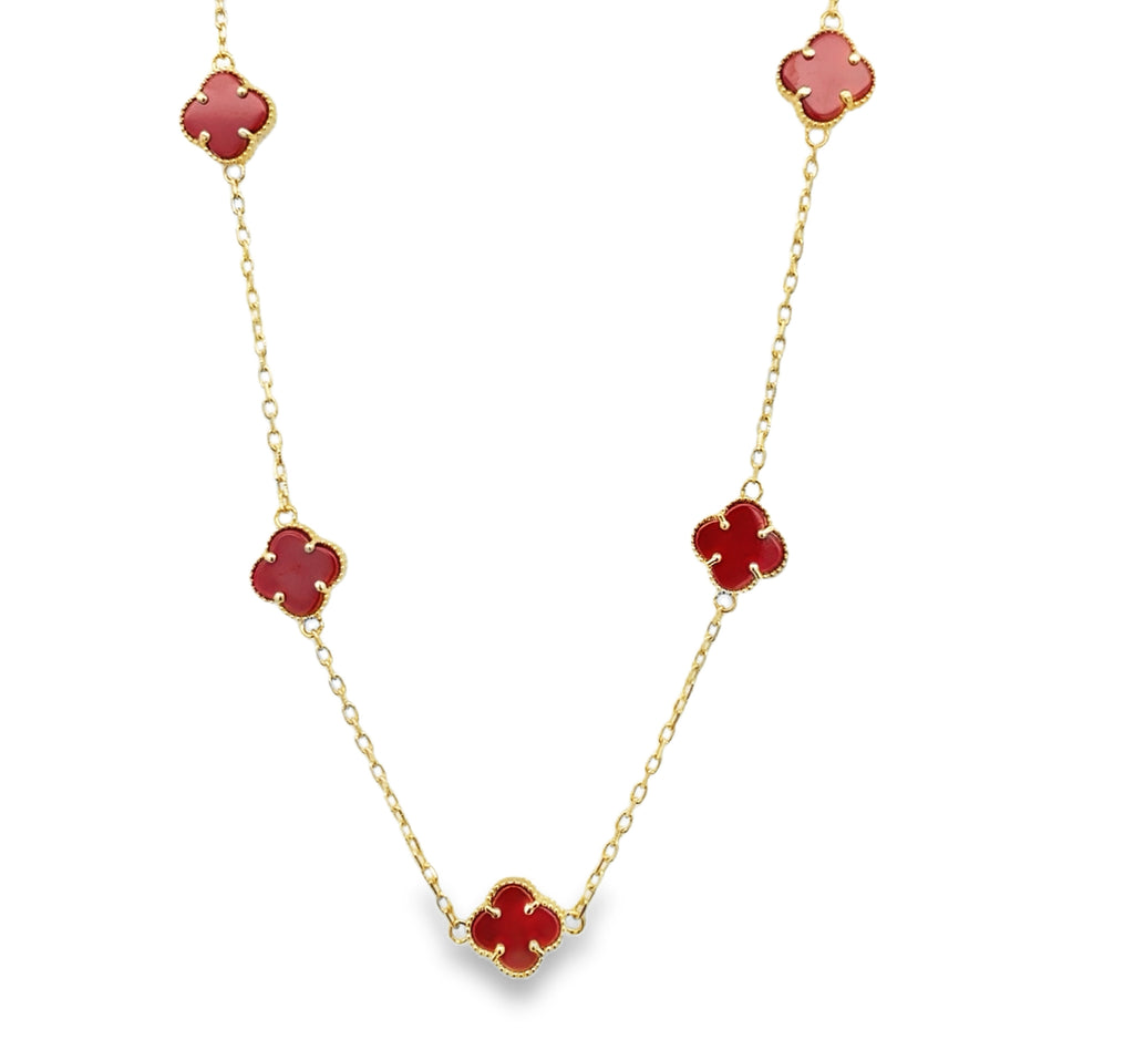 10K Yellow Gold Five Small Red Flowers Necklace 18In 3.5Dwt