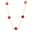 10K Yellow Gold Five Small Red Flowers Necklace 18In 3.5Dwt