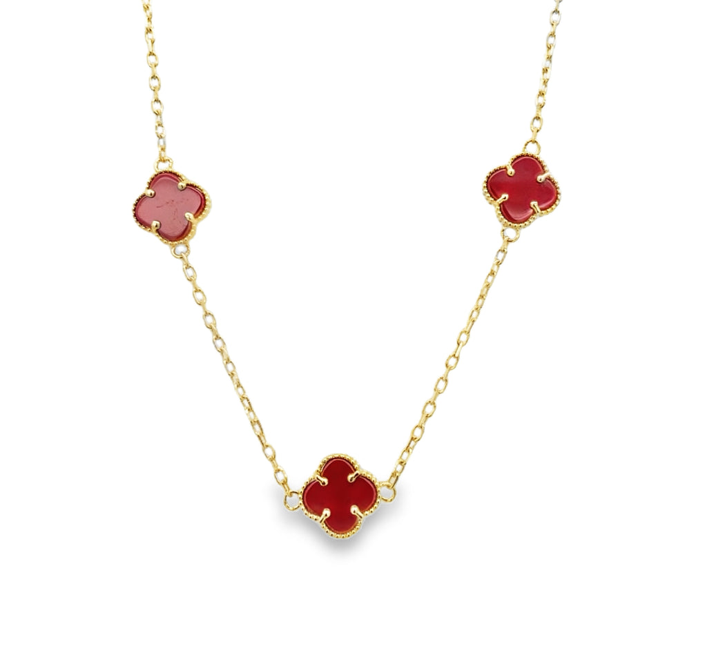10K Yellow Gold Five Small Red Flowers Necklace 18In 3.5Dwt