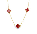 10K Yellow Gold Five Small Red Flowers Necklace 18In 3.5Dwt