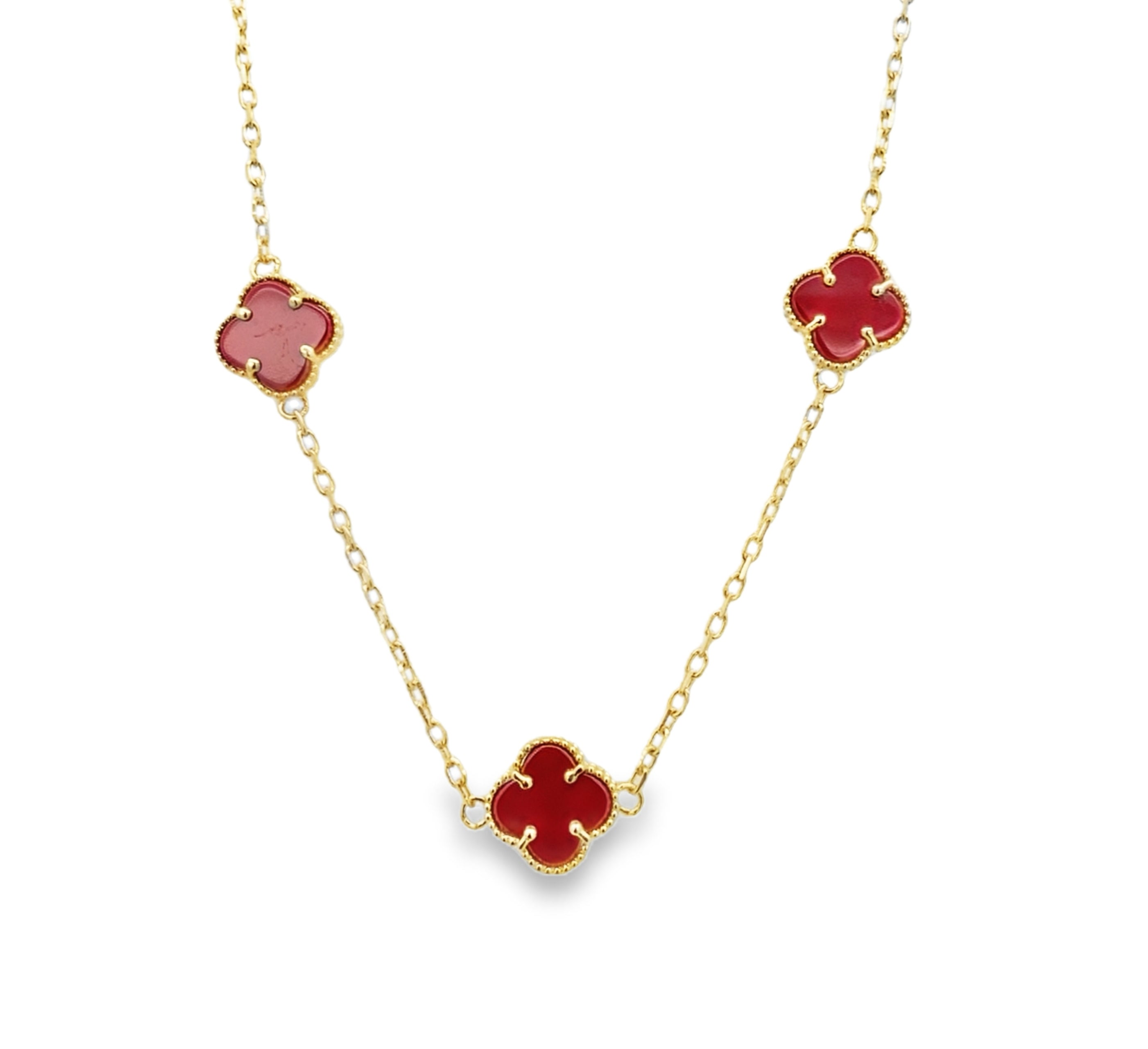 10K Yellow Gold Five Small Red Flowers Necklace 18In 3.5Dwt