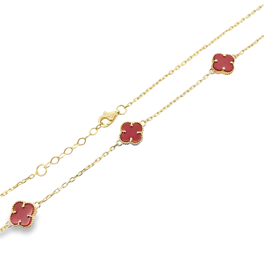 10K Yellow Gold Five Small Red Flowers Necklace 18In 3.5Dwt