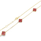 10K Yellow Gold Five Small Red Flowers Necklace 18In 3.5Dwt