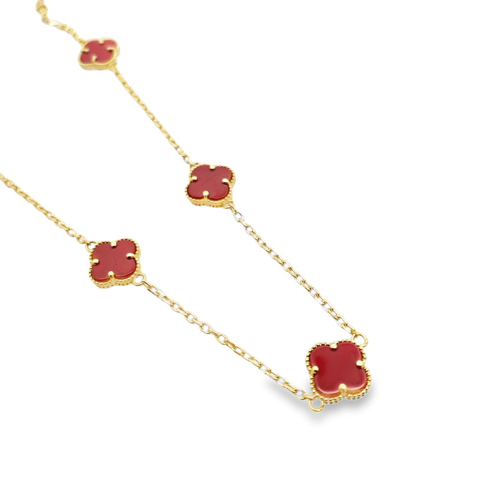 10K Yellow Gold Five Small Red Flowers Necklace 18In 3.5Dwt