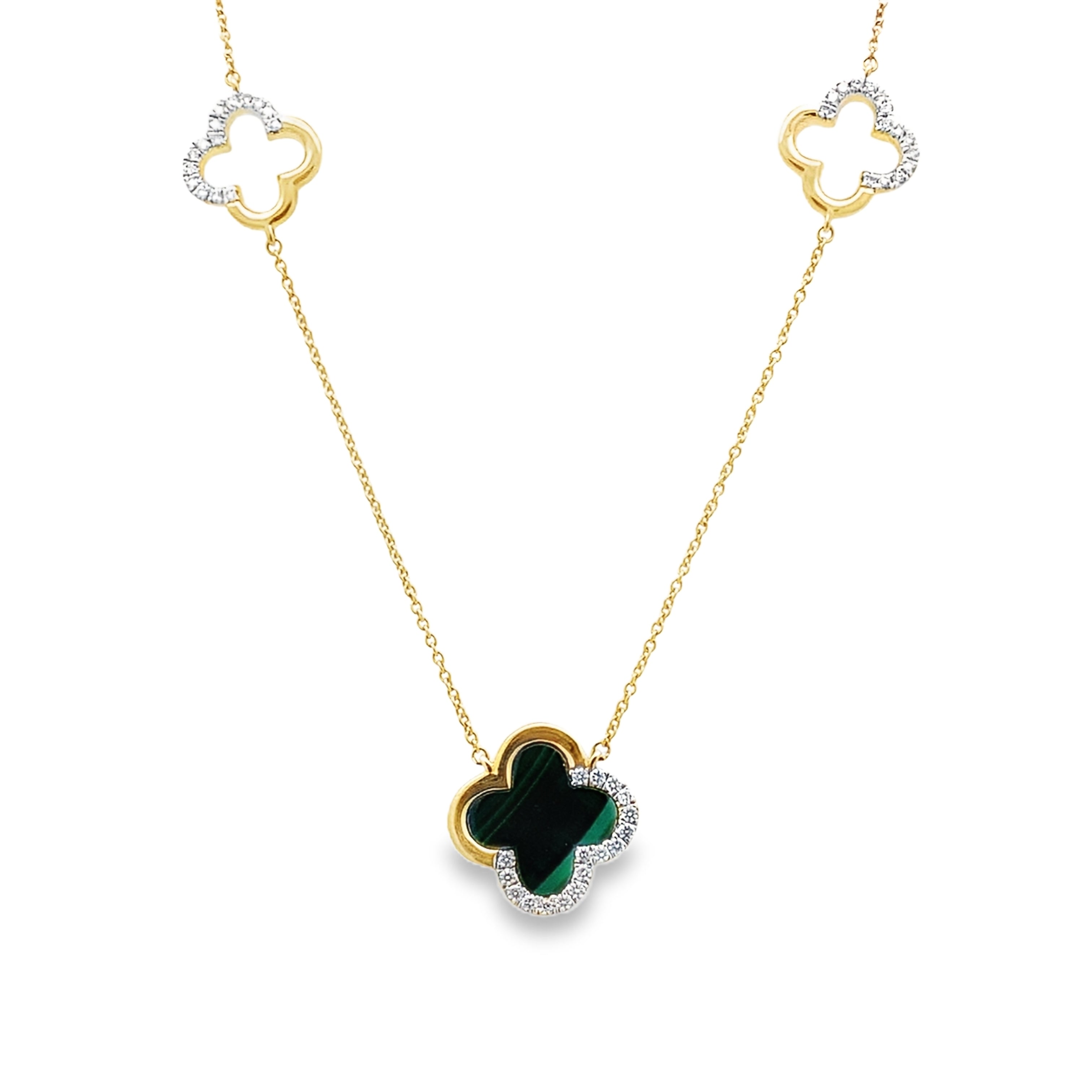 0.25Ct 18K Yellow Gold Cable Link Rd Diamond Green Stone Flower Necklace 18In 3.1Dwt